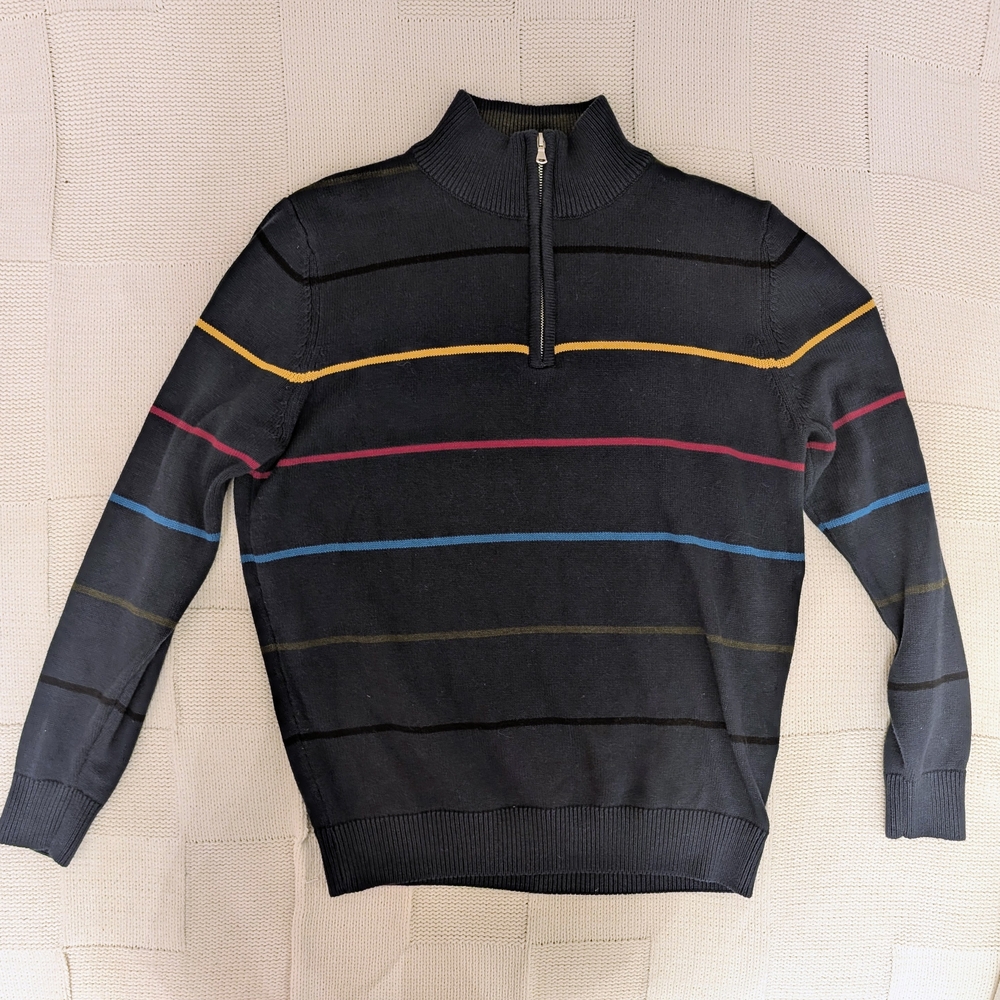 Tomodachi Men's Knit Sweater Navy Blue Striped 1/4 Zip Cotton Size Large Preppy - Picture 5 of 8